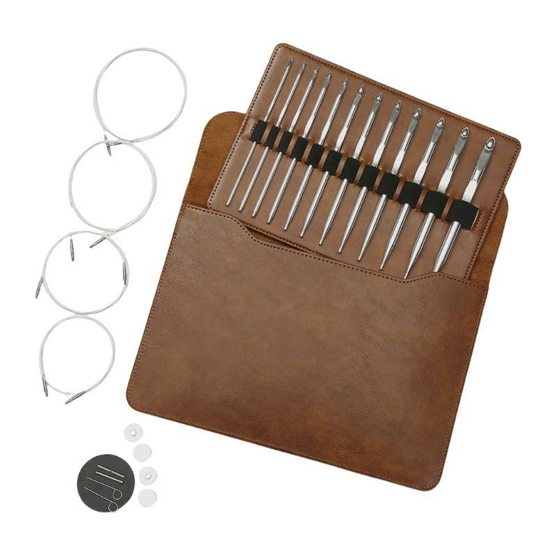 Utbytbar rundsticka Tunisisk virknål Set 3mm-10.0mm Mattvirknål Set med förvaringsväska brown