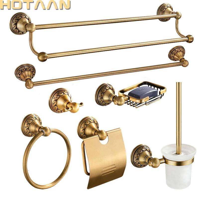 . Antik mässing aluminium badrumstillbehör set, Klädkrok, Pappershållare, Handdukshållare, Tvålkopp, Badrumstillbehör