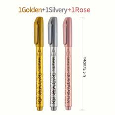 TEMU 3pcs Metallic Marker Pens Set - Golden, Silvery & Rose Golden - Waterproof Permanent Markers For Diy Crafts, Resin Art & Easter/christmas Decorations