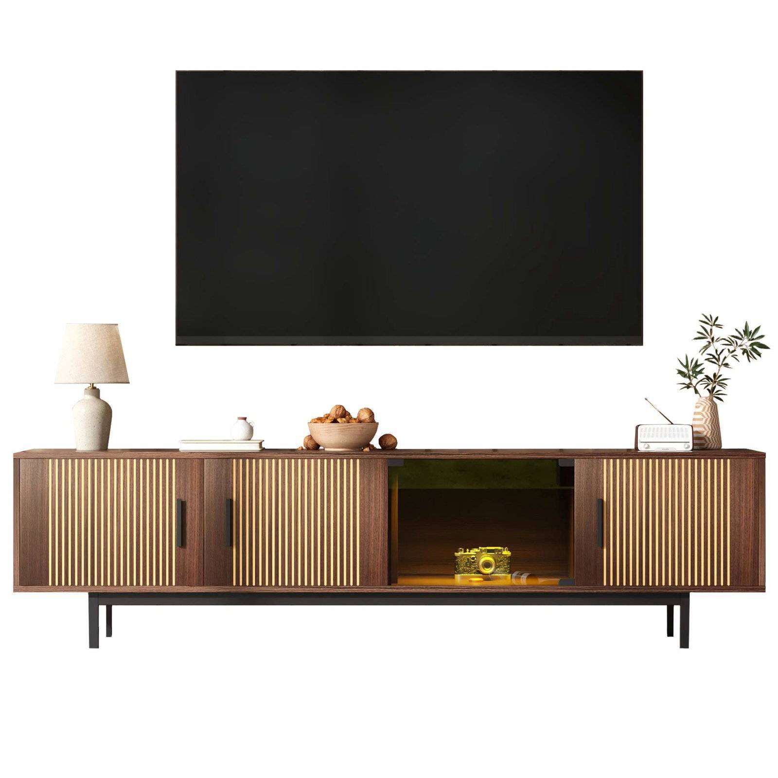 TV-bänk med LED-lampor och glasdörrar
