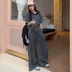 Women's Fashionable Washed Denim 2 Pieces Set, Jacket With Short Sleeve Top & High Waist Flared Jeans Pants, Spring Fall,Winter - Grey - L,M,S,XL