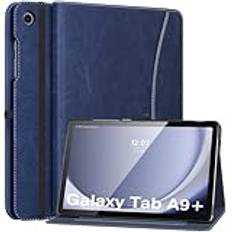 MoKo Case for Samsung Galaxy Tab A9 Plus 11" 2023 (SM-X210/SM-X216/SM-X218), PU Leather Multi-Angle Viewing Folding Stand Cover Case with Hand Strap, Front Pocket, Auto Wake/Sleep, Navy Blue