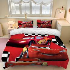 TEMU 3pcs Cars Bedding Set - Super Soft Polyester Duvet Cover & 2 Pillowcases, Vibrant Checkered Design With Lightning & , Bedroom Decor, , Machine Washable, | Room Accent|zippered Closure, Cars Decor