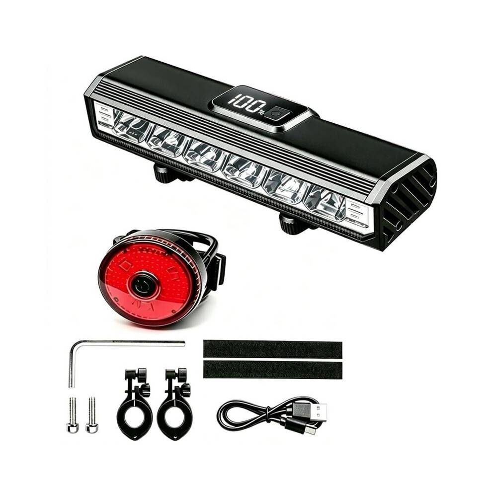 Bike Lights for Night Riding, Dual-Row USB Rechargeable Bicycle Lights with LCD Display, 5 Modes, IPX6 Waterproof