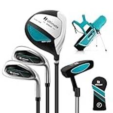 COSTWAY 4-Delat Golfset för Barn, Högerhänta Golfklubbor Med Väska och Regnhuva, Komplett Set Inkl. 7 Järn, S-Järn, 3 Fairway och Putter, 5-7 År (Blå)