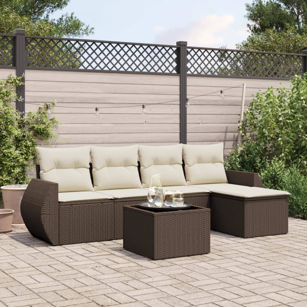Sofasæt Til Haven 5 Dele Med Hynder Polyrattan - Brun og cremefarvet / Med bord