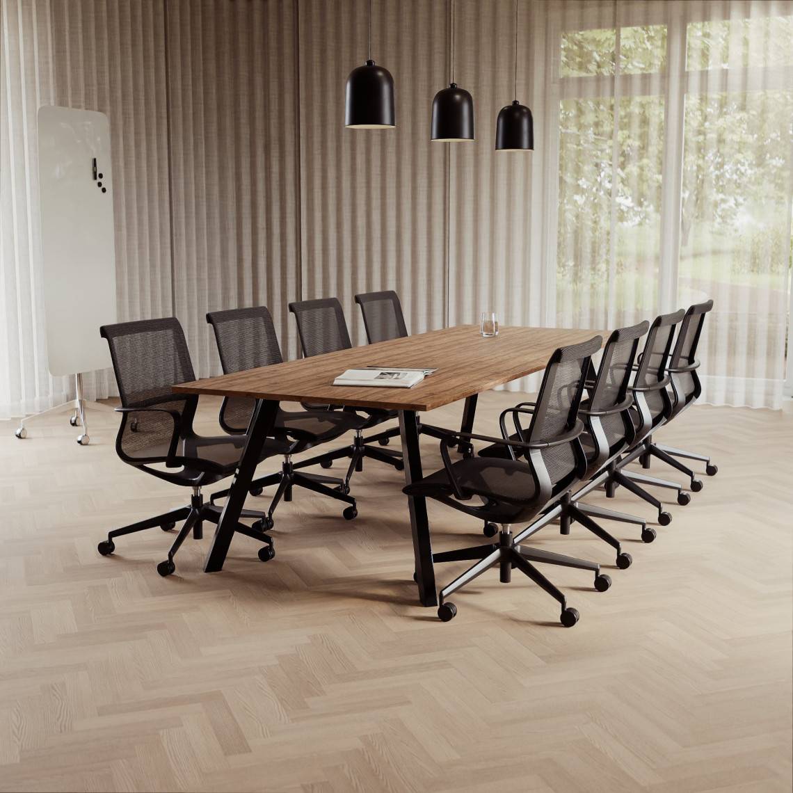 Konferensgrupp Viggo + Ergo 285, Storlek 8 platser (280 cm), Bordsskiva Valnöt, Underrede Svart, Stol Svart