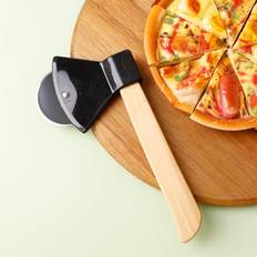 1 st rostfritt stål yxformad pizzaskärare med bambu och trähandtag, kreativ rund pajkniv - Svart (En-Storlek)