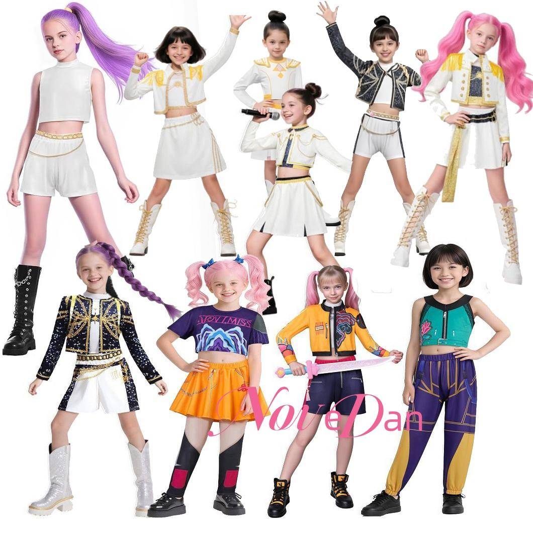 Barn KPop Rumi Mira Zoey Sångdräkt Demonjägare Uniform Flickor Halloween Karneval Rollspel Sångare Cosplay Kostym 120cm