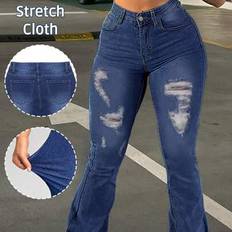 Y2k Donna Bootcut Dam Jeans Hög midja Elasticitet Slim Fit Tvätt med hål Casual Mångsidig - Blå - L,M,S,XL,XXL