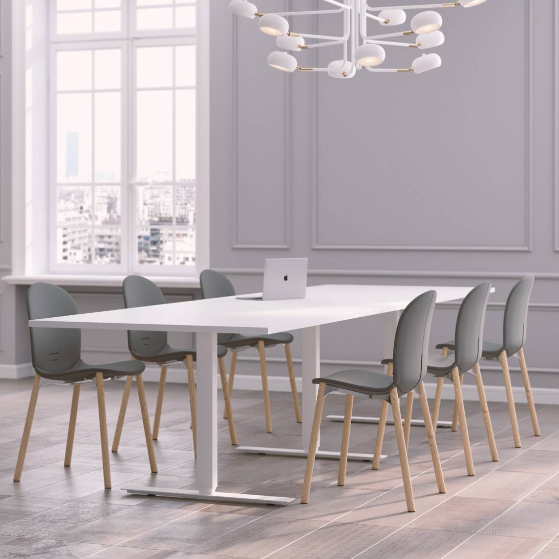 Konferencegruppe Modul + Noor 6080F, Størrelse 6 pladser (220 cm), Farve på stol Lysegrå, Farve på bord Hvid.