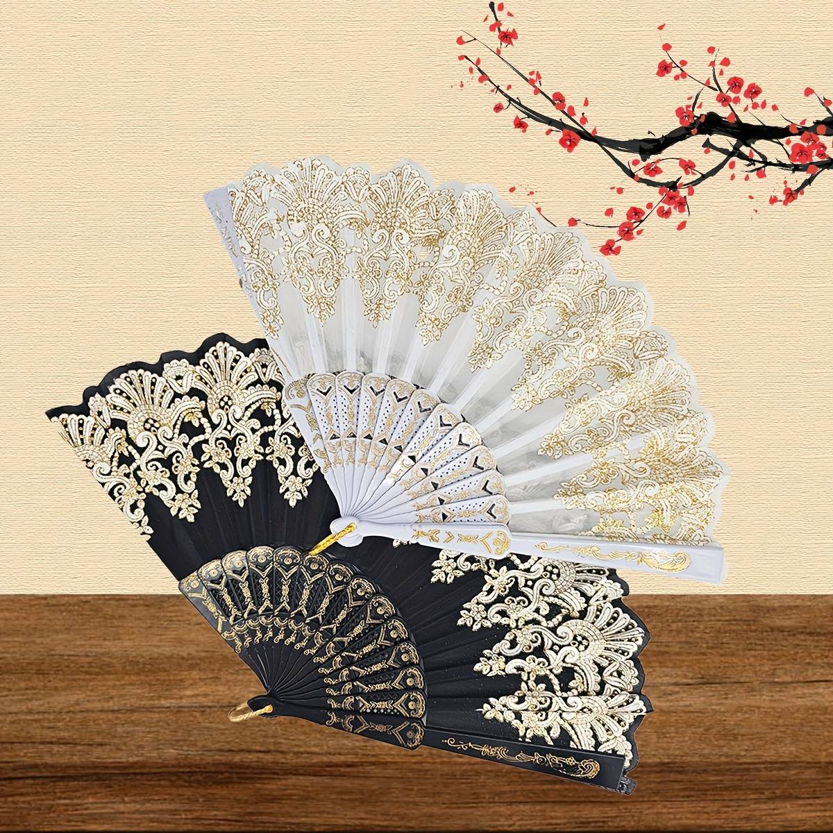 TEMU D 2/5pcs Handheld Fans Chinese Folding Fan For Women Retro Style Foldable Hand Fan Handheld Fan For Wedding Church Dancing Halloween Gift Festival