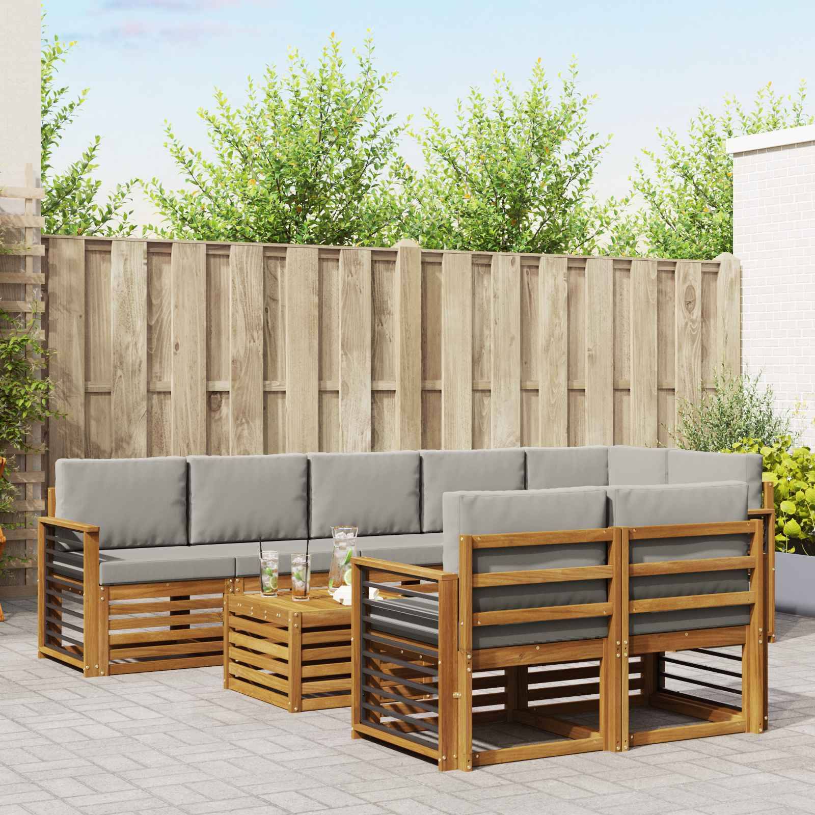 vidaXL Sofasæt med pude 9 pcs Naturlig og Lys Grå Massivt Akacietræ.
