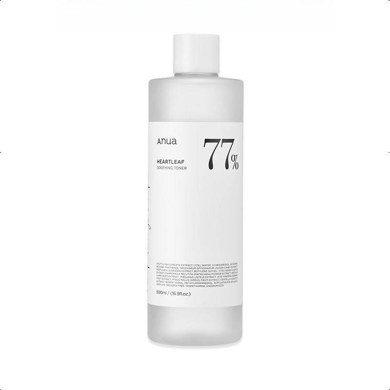 ANUA Heartleaf 77% Lugnande Toner 250ML/500ml, En återfuktande toner formulerad med 77% Houttuynia Cordata-extrakt som hjälper till att lugna känslig