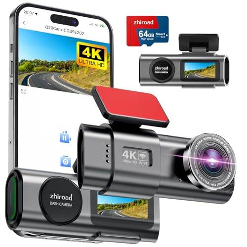 Bilkamera Fram 4K WiFi, Dash Cam med 64 G SD-kort, Dashcam 1,47 tums IPS-skärm, 170° Vidvinkel, Mörkerseende, WDR, G-Sensor, Loopinspelning, 24H Parkeringsläge