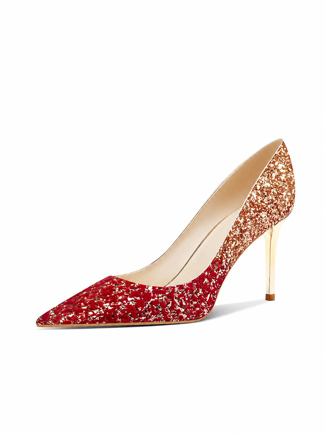 Chinese Wedding Heels | Red Gold Glitter Gradient Pointed Toe Stiletto Pumps - Red (8.5cm) / 35