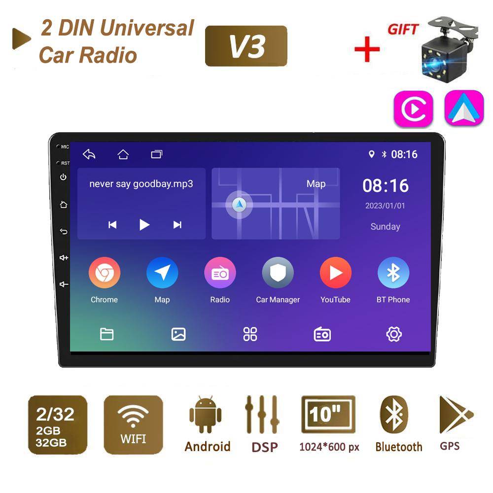 2+32G Universal 2 Din 10  Android Radio Bil Android Spelare Bilspelare Stöd Mirror Link Backkamera WIFI GPS BT FM Rattkontroll svart
