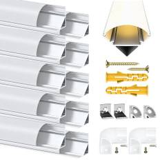 LED-Profil, Aluminiumprofil V-Form för Remsor och Hörnprofil, Skena Med Hörnkontakter, Mjölkvit Täckning, Ändkåpor och Monteringsklämmor för List/Kanal (V-Profil 10 x 1 m)