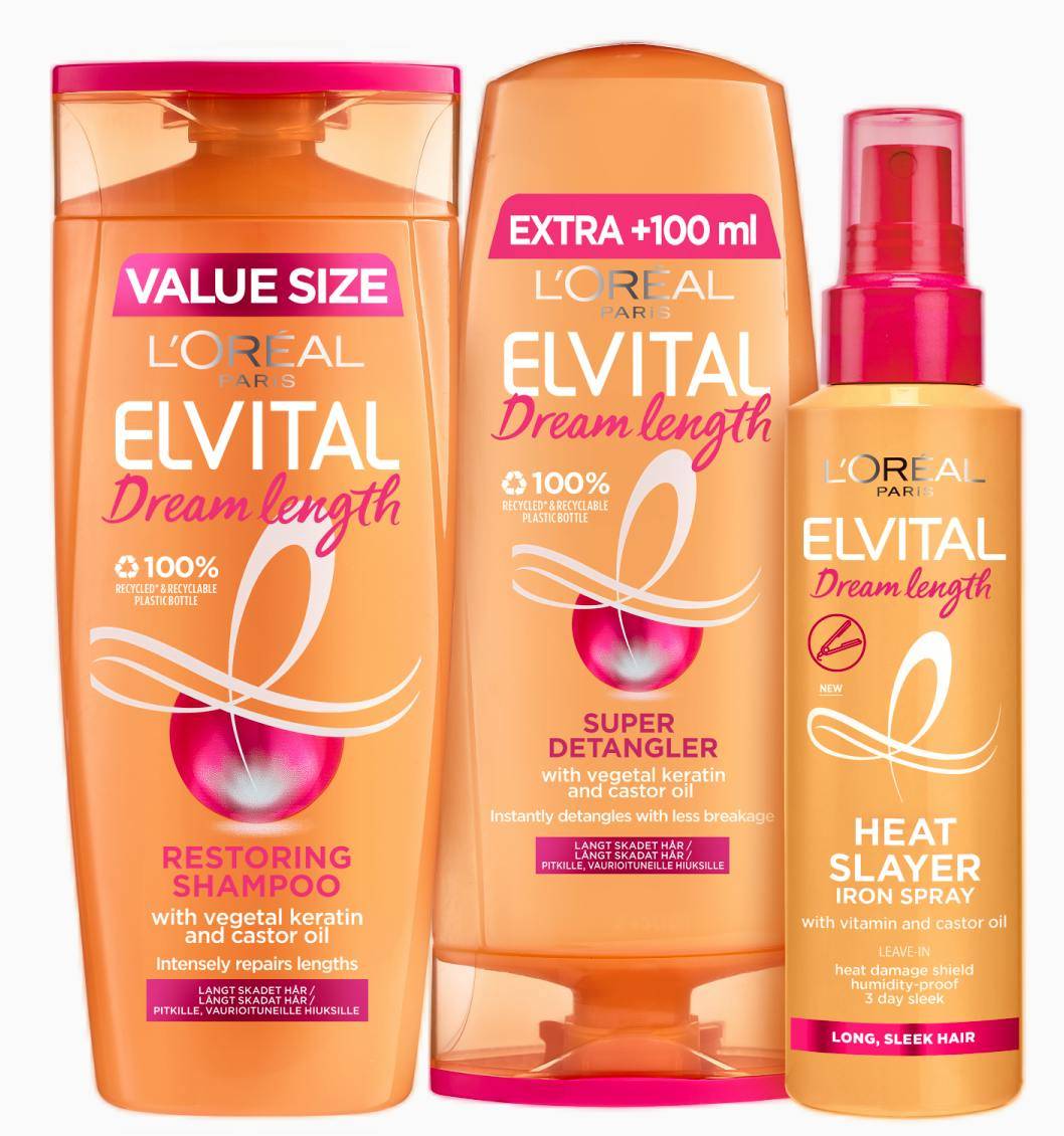 L'Oréal Paris Elvital Dream Length Shampoo, Conditioner & Heat Slayer Iron Spray 400 ml + 300 ml + 150 ml