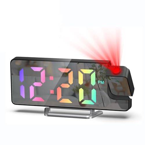Projektion väckarklocka, 7,5 tum LED RGB färg spegel stor display digitala klockor, sovrum väckarklockor med 180° roterbar projektor, 3 justerbar ljusstyrka, USB-laddning, nattläge, temperatur, datum