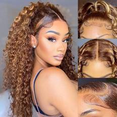 Rebasar Deep Wave 13x4 Lace Front Wig Human Hair Brasilianskt Människohår 150% Density Pre Plucked With Baby Hair Natural Hairline Peruk 4/27 Blonde Highlight Ombre Color 26 Tum