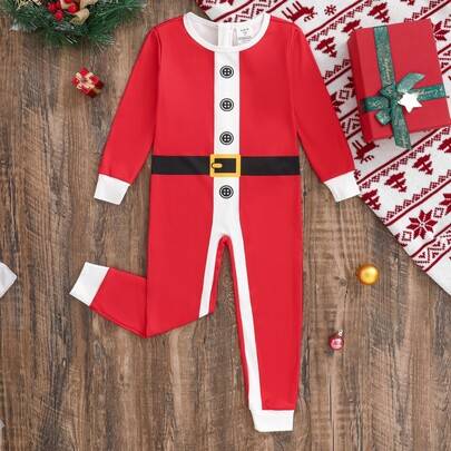 Julpyjamas för pojkar med jultomtemönster, åtsittande helkroppspyjamas, lämplig för jul och höst/vinter - Röd (6Y,7Y,8Y,4Y,5Y)