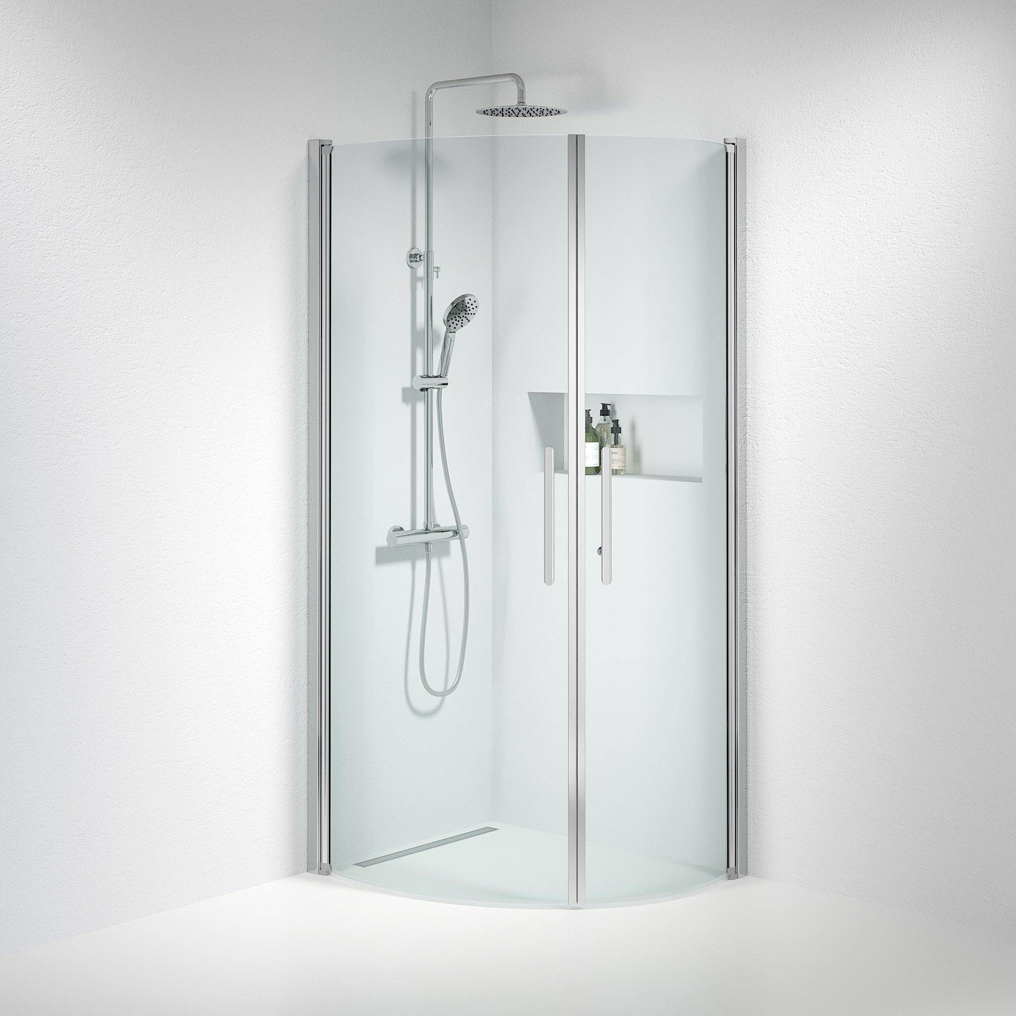 Vänern Brusehjørne, Buet, Krom Profil, Klar Glas - 90 x 100 cm