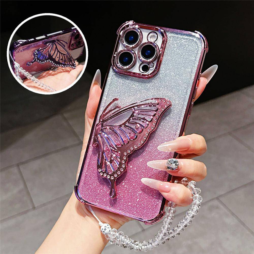 Stöttålig Flytsand Fjäril Hållare Ställ Telefonskal För Motorola Moto G10 G20 G30 G84 G54 G82 5G G52 G71S Kristallkedja Skydd rosa