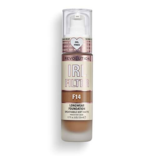 Makeup Revolution, IRL filter longwear foundation, medium till full täckning, F14, 23 ml