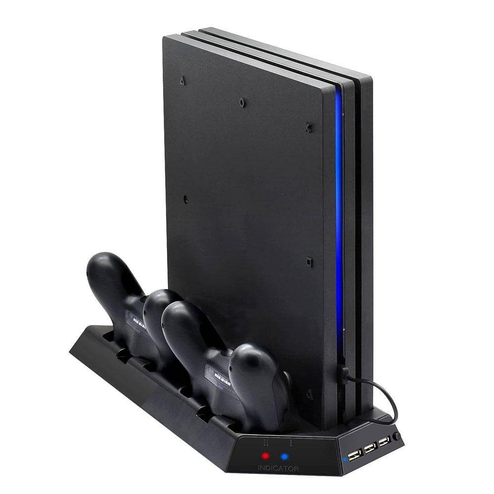Vertikalt ställ för PS4 Pro med kylfläkt, Ladda 2 handkontroller samtidigt black