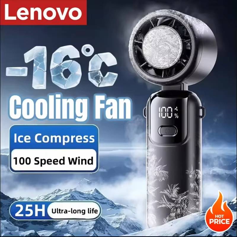 Lenovo Ice Cooling Handheld Fan 100 Speeds Turbo Portable USB Desk Fan Foldable/Hangable for Outdoor Fast Chill Ice Compress