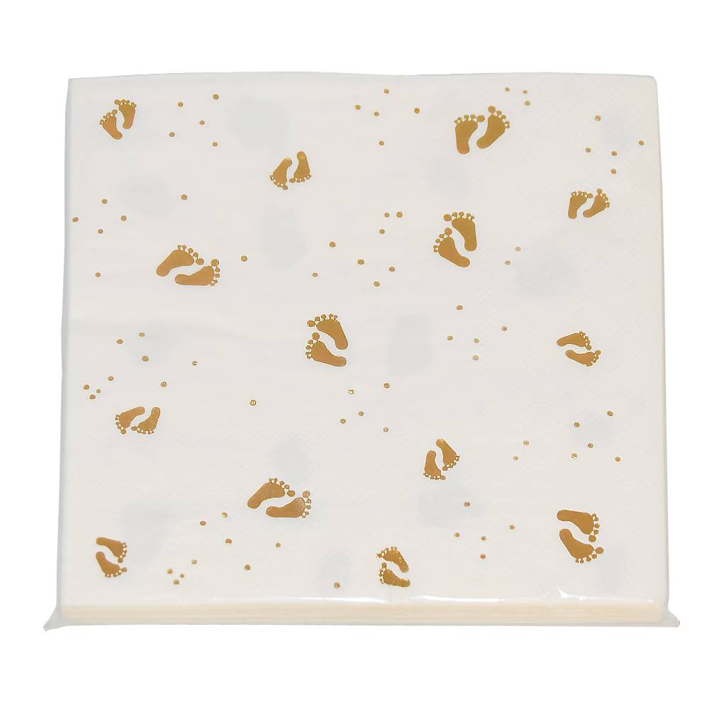 Servietter med guld babyfødder 16x - 33x33 cm.