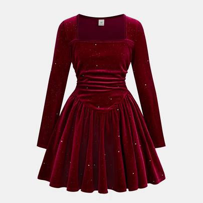 Höstklänning för tweenflickor i vinröd glittrande sammet, fyrkantig halsringning, lång ärm, rynkad A-linje, höstoutfit, vinter, elegant, fest, jul, gl - Bourgogne (7Y,8Y,9Y,10Y,11Y,12Y,13Y)