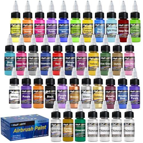 HOMY ARTY Airbrush-färg - 36 färger med 4 förtunnare akrylluftborste-set, vattenbaserad Airbrush-färgset med neon och metalliska färger, redo att spraya, för metall, plastmodeller, duk, trä, 20 ml