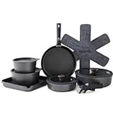 SENSARTE Set med 17 delar, krukor och pannor, non-stick avtagbart handtag, köksredskap, induktion kök köksredskap set med avtagbart handtag, hälsosam non-stick husbil, ugnssäker, PFOA-fri (svart)