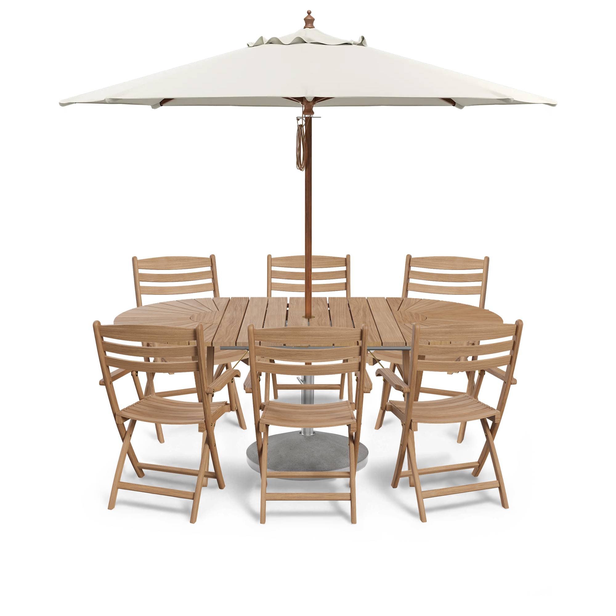 Fritz Hansen - Selandia spisebord ovalt spisebord & 6 lænestole med parasol - Havemøbelsæt til spisning - Træ