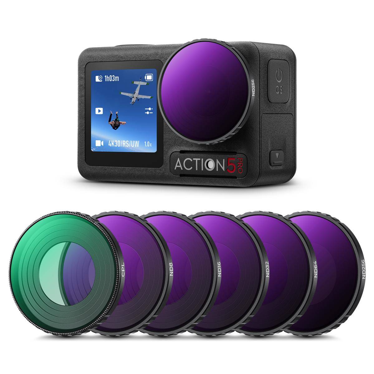 KENTFAITH DJI Osmo Action 4 & Osmo Action 5 Pro CPL+ND8+ND16+ND32+ND64+ND256 Action Camera Filter Set Circular Polarizing Filter Neutral Density Filter Multi Coated HD Optical Glass Action Camera Accessories