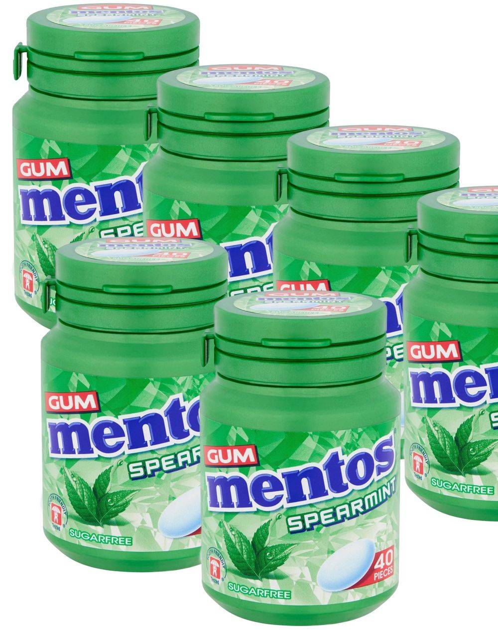 6 st Mentos Sugarfree Spearmint Gum - Sockerfritt Tuggummi med Spearmintsmak - Hela Låda - Blå|Grön|Vit|Röd