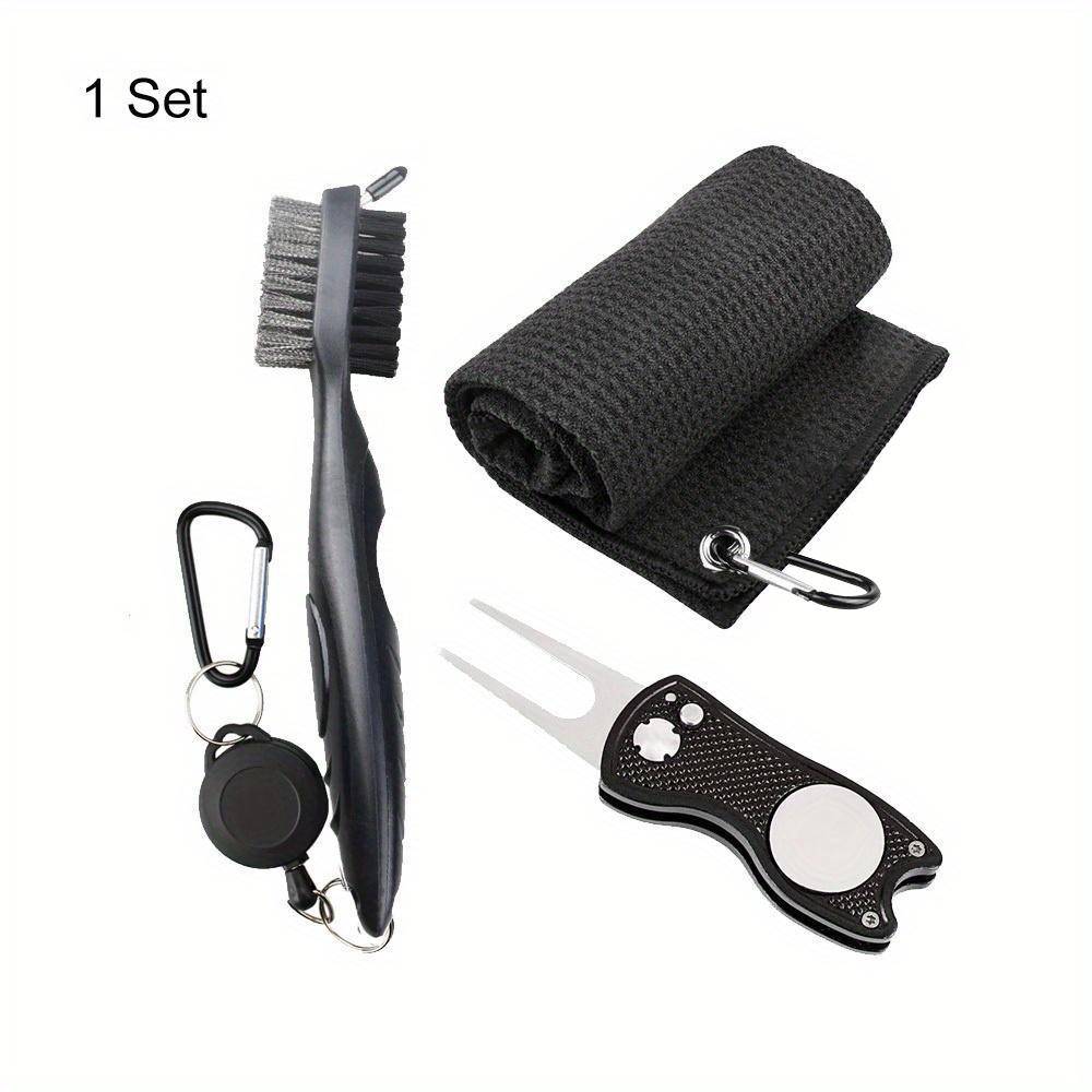 1 Pc Black Golf Towel Microfiber Waffle Pattern Golf Towel (30*30cm, 12*12in ) | Club Groove Cleaner Brush | Foldable Divot Repa