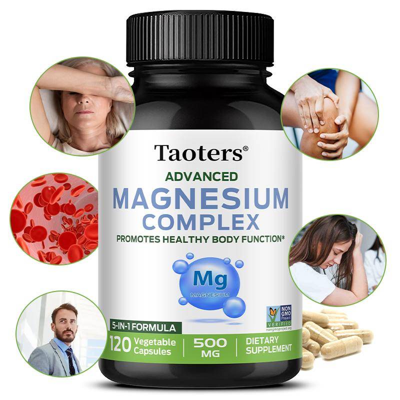 Magnesiumkomplex 500 mg Kapslar, 5-i-1 Blandning Magnesium, 120 Vegetabiliska Kapslar Dagligt Kosttillskott