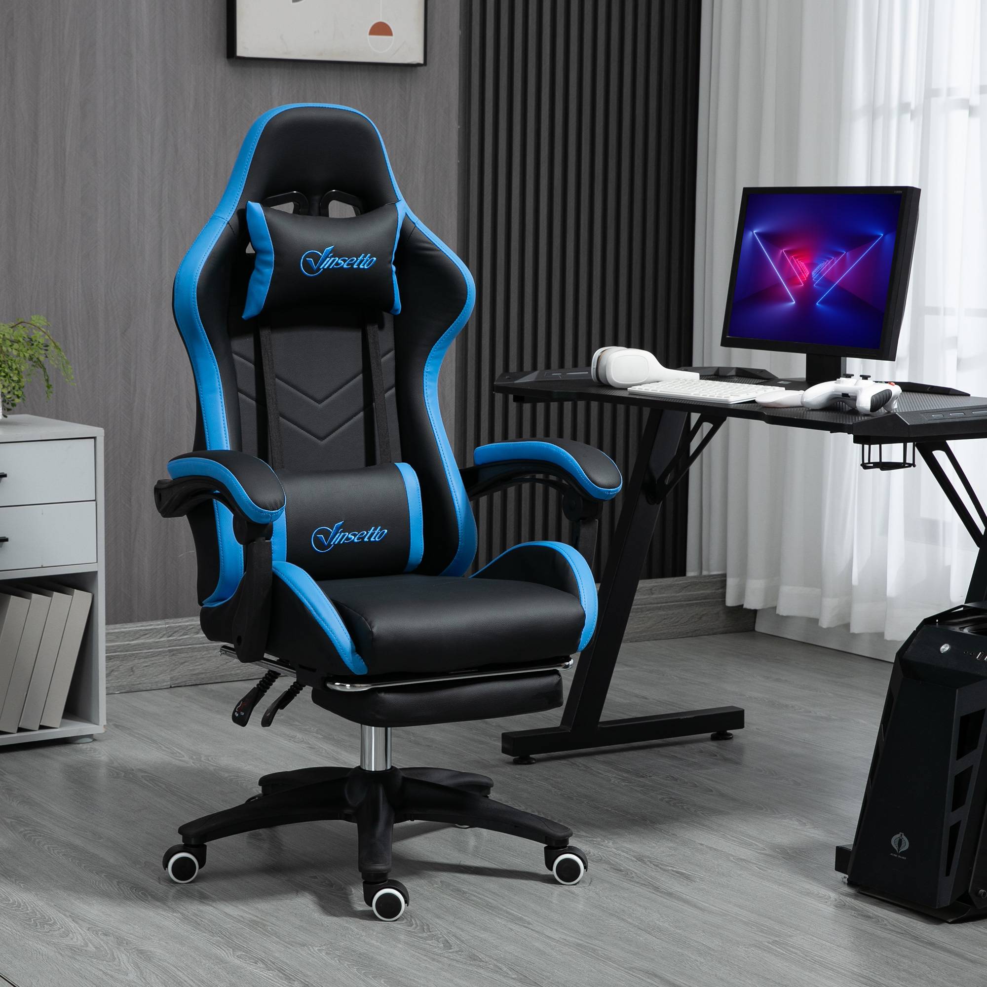 Gamingstol, højdejusterbar med lændehynde og nakkestøtte, justerbare armlæn, lænefunktion op til 120 kg, blå og sort