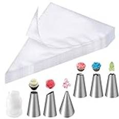 Soodyoow 100 stycken spritspåsar, set + 6 spritstyllar + 1 kakkoppling för spritstyllar, stort spritspåsar, professionella spritpåsar för dekoration av bakverk, tårtor, kex, cupcakes