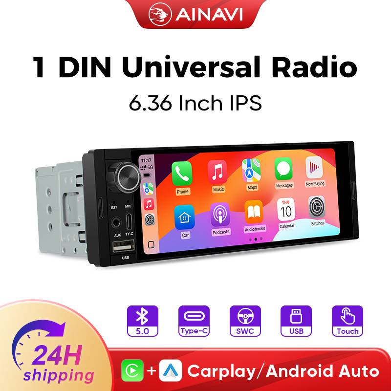 Ainavi 1Din Car Radio 6.36 inch Universal MP5 IPS Touch Screen Wireless Carplay Android Auto Car Multimedia Player USB BT Type-C 1 DIN Carplay