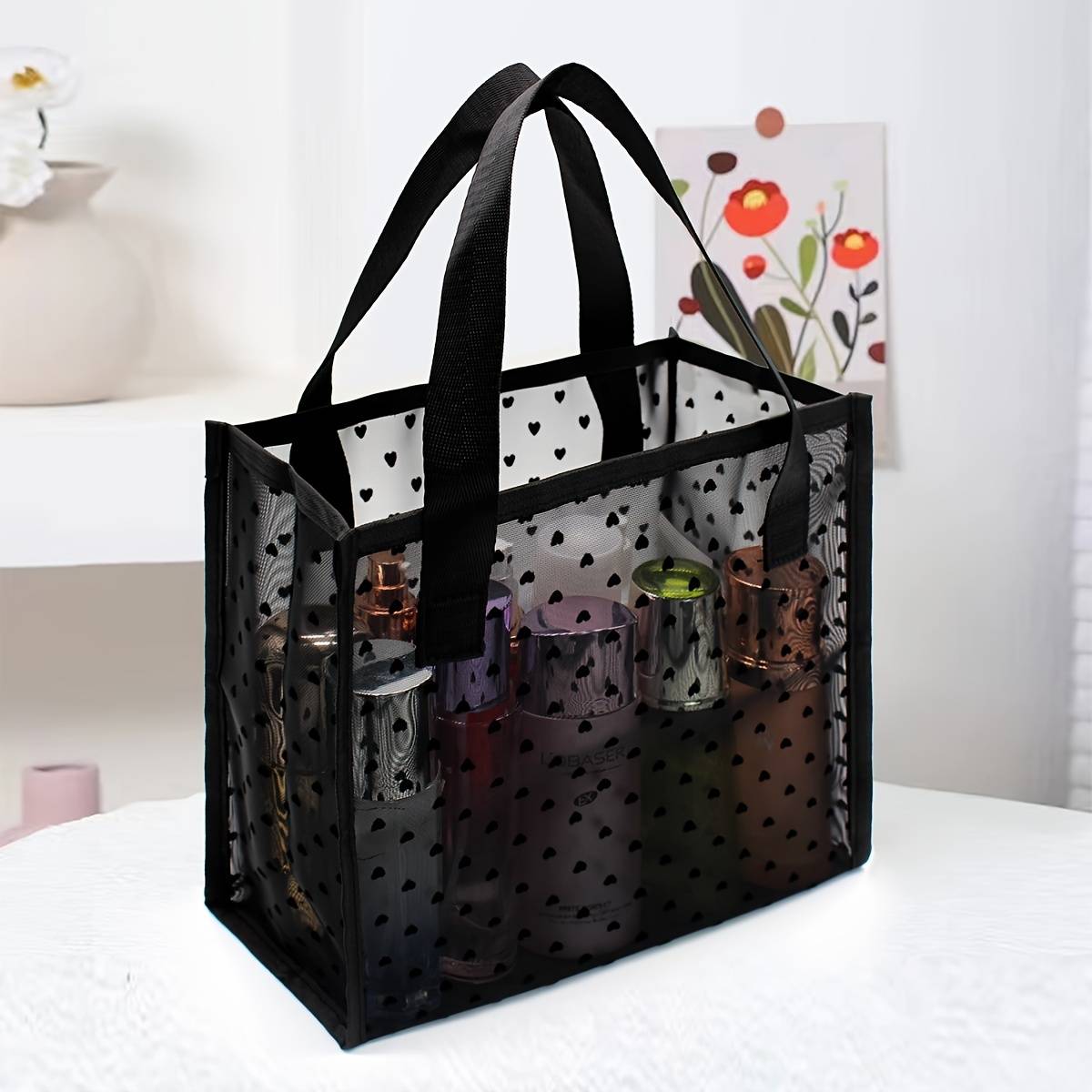 TEMU Fashionable And Simple Mesh Peach Heart Storage Pouch, Cosmetic Bag, Women's Handbag