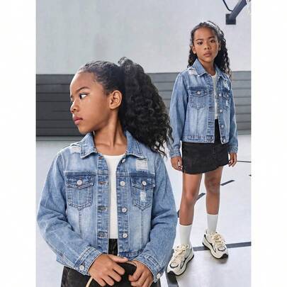 Amerikansk vintage tvättad sliten denimjacka för tween-flickor, ny mångsidig jacka för hösten, Y2K high street-stil, snygg campus back-to-school outfi - Mediumtvätt (8Y,9Y,10Y,11Y,12Y,13Y)