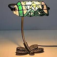 Traditionell stil Piano Skrivbordsbordslampa 10 tum hög med AC-strömuttag Brons Blommig konst Glasskärm Dekor för sovrumshus Sängbord Nattduksbord Hemmakontor,Grön