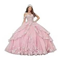 CLcaojun Balklänning, broderad quinceanera-klänning, skiktad, söt, 16, bal, fest, prinsessklänning, Rosa, 36