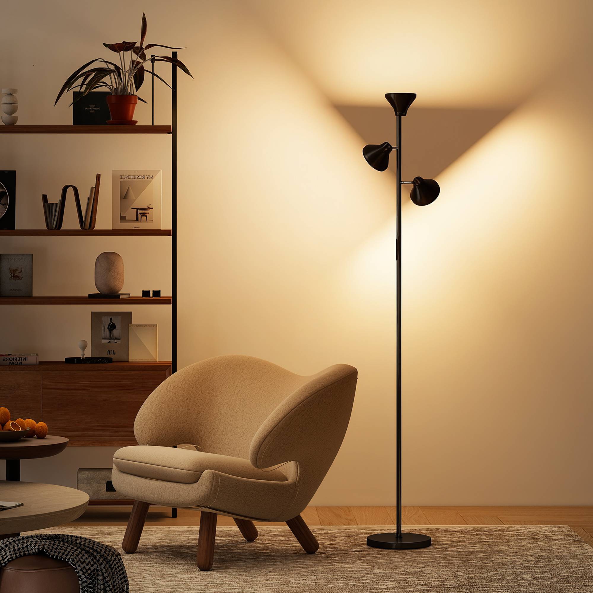 Dæmpbar gulvlampe med læselampe, RGB farveskiftende gulvlampe med fjernbetjening, touch-betjening, 3 roterende hoveder, sort.