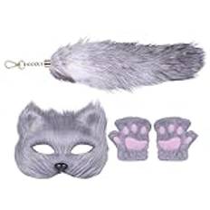Vargkostym, halloweenkostymer för kvinnor, halloweenpälsdräkt, falsk vargmask, cosplay-kostym, tillbehör, söta dekorativa handskar, masksvans för maskara