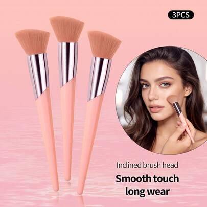 3 st ansiktsmakeupborstar – rougeborste, highlighterborste och konturborste för skulptering, fluffig mjuk tät borst, enkel blending, kosmetikverktyg f - Rosa